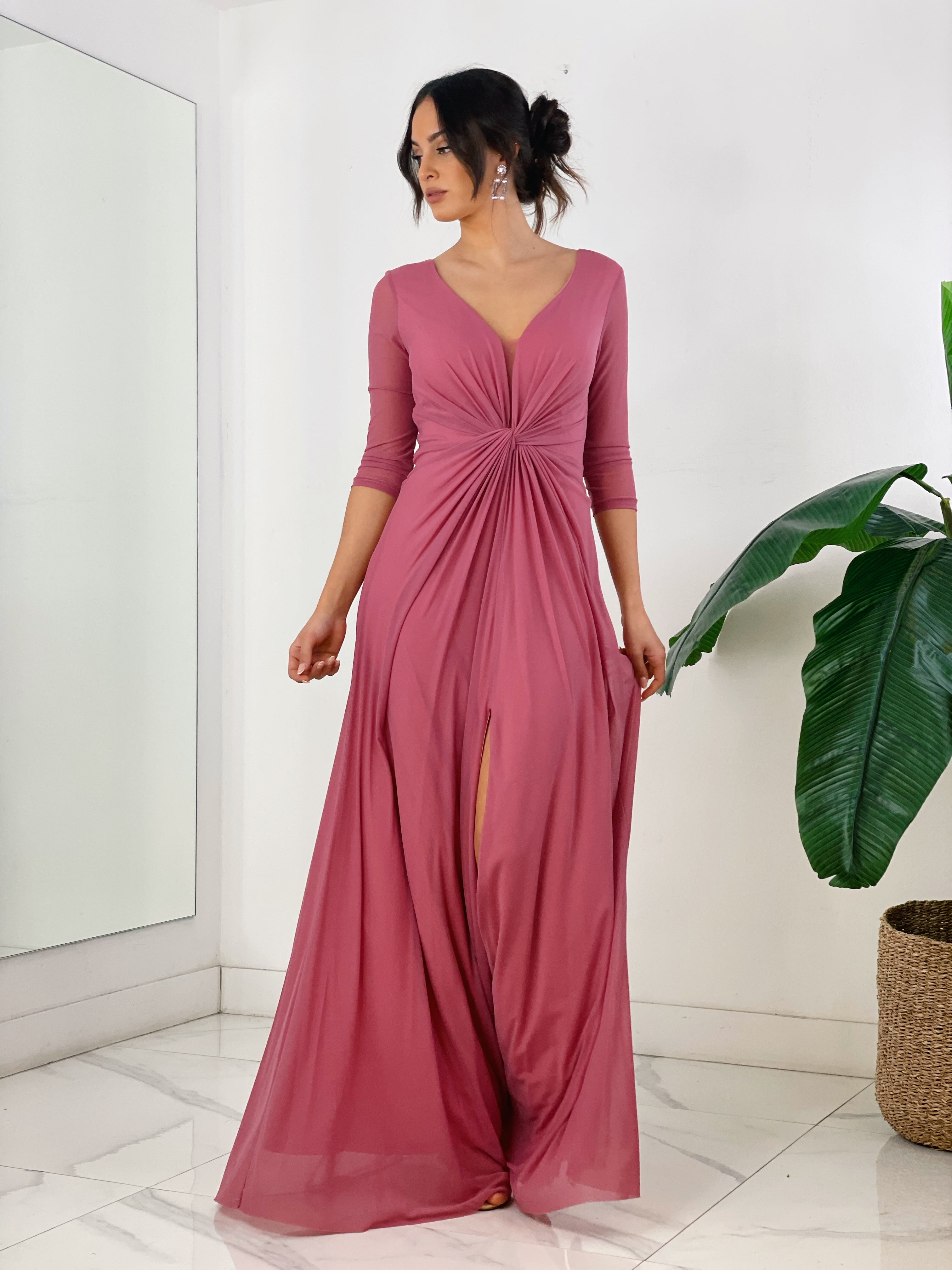 Vestido ceremonia manga larga de tul rosa | Zebra&Maduixa