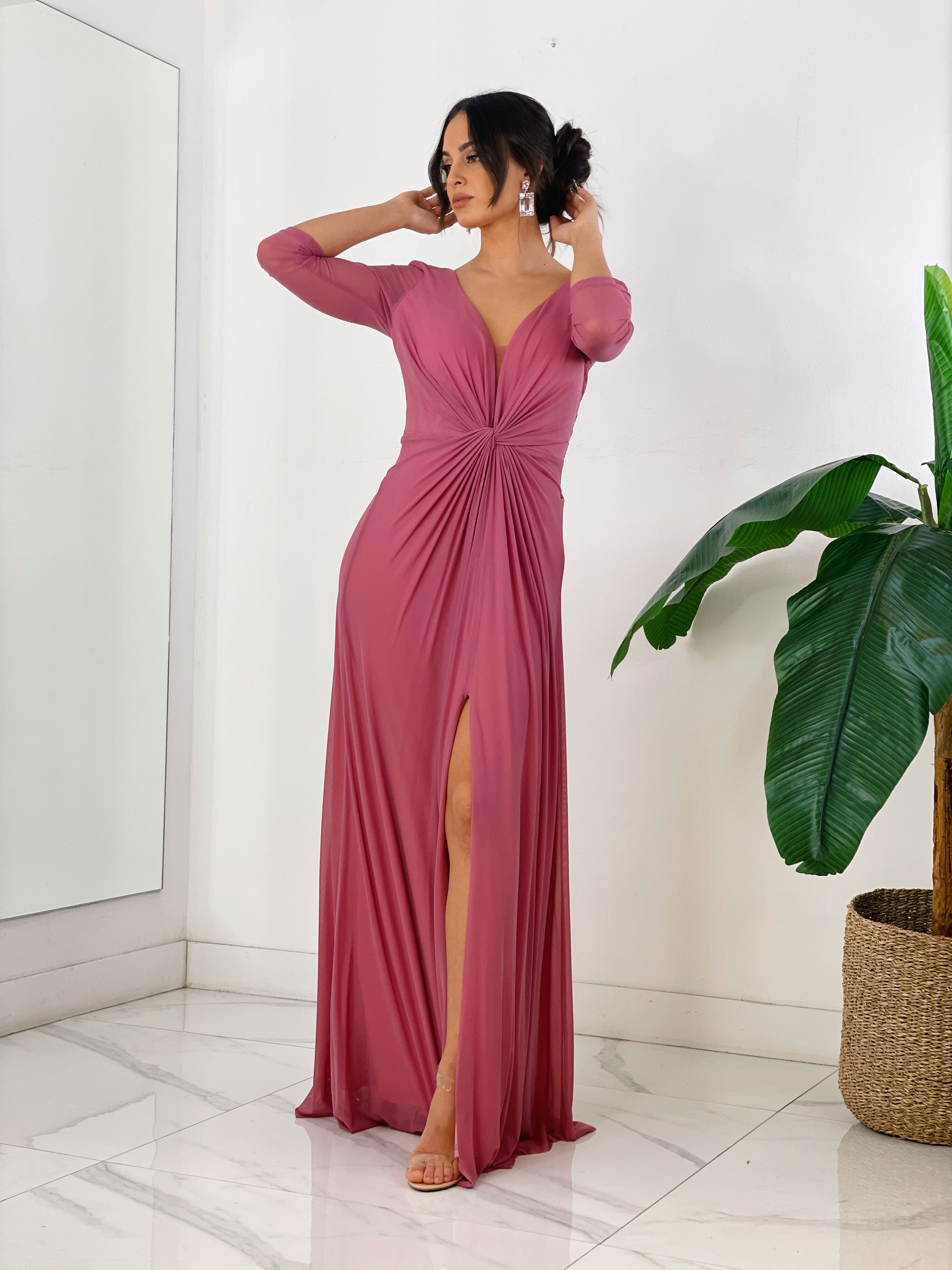 Vestido ceremonia manga larga de tul rosa | Zebra&Maduixa