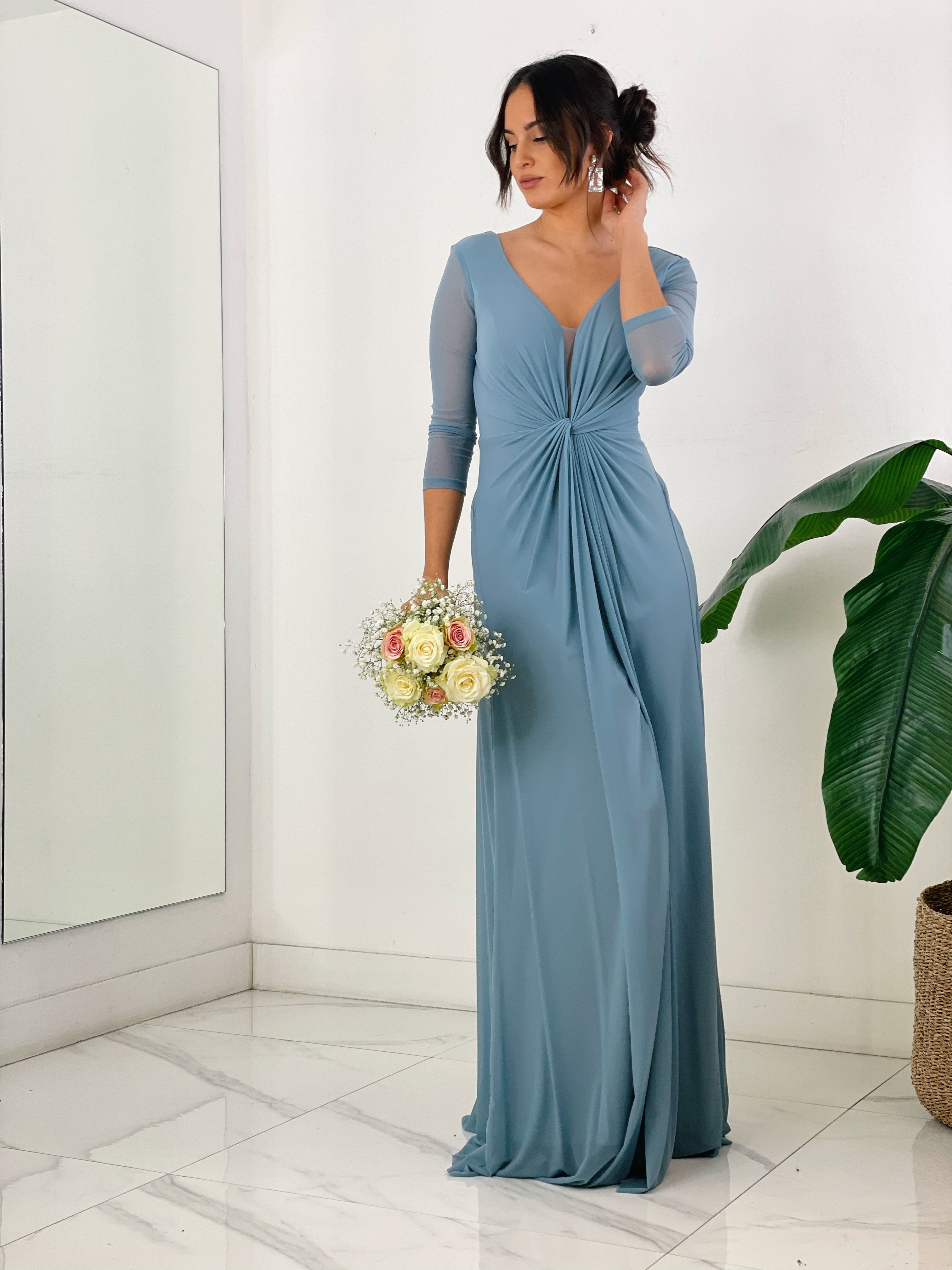 Vestido ceremonia manga larga de tul azul grisáceo | Zebra&Maduixa