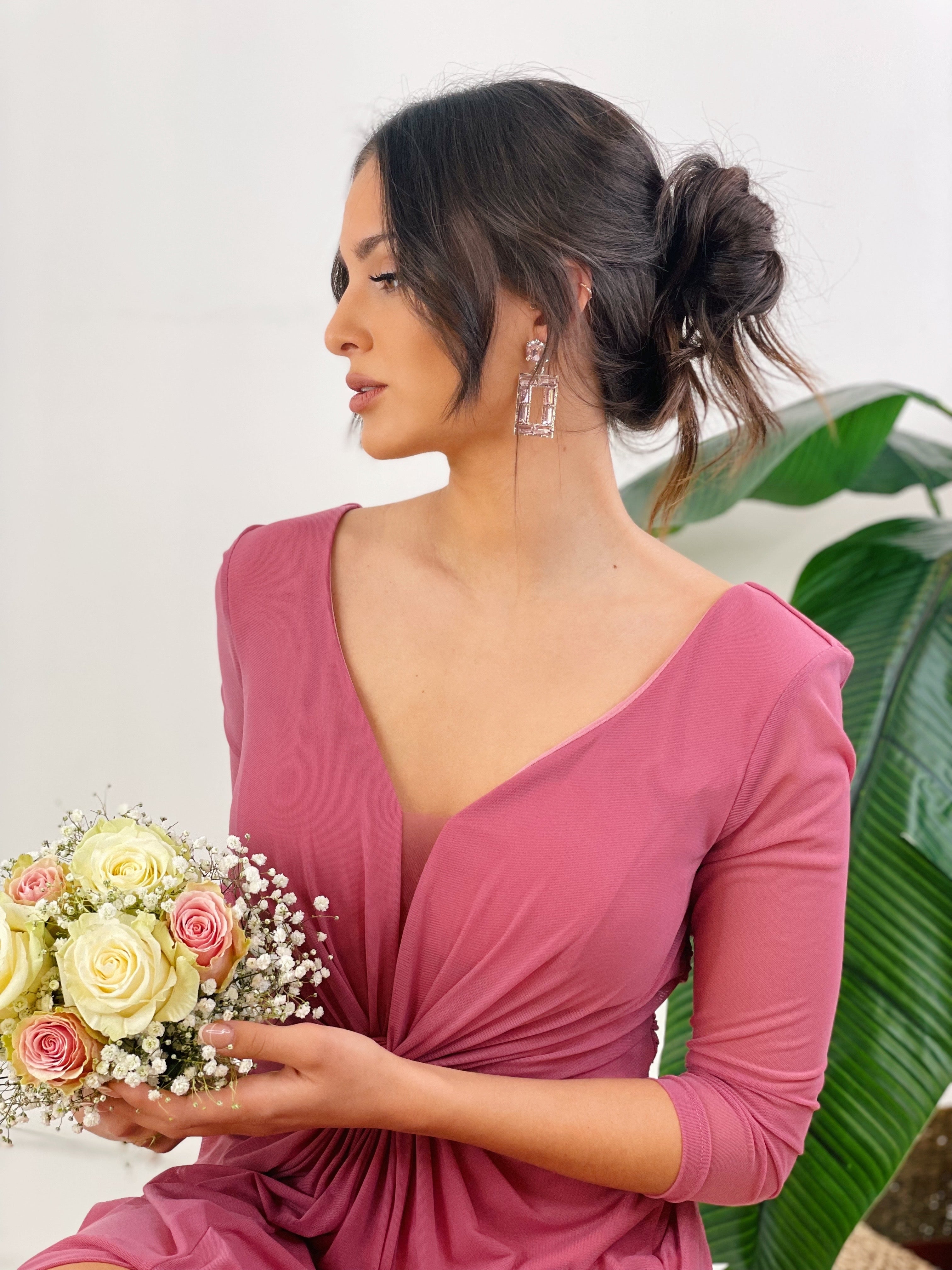 Vestido ceremonia manga larga de tul rosa | Zebra&Maduixa